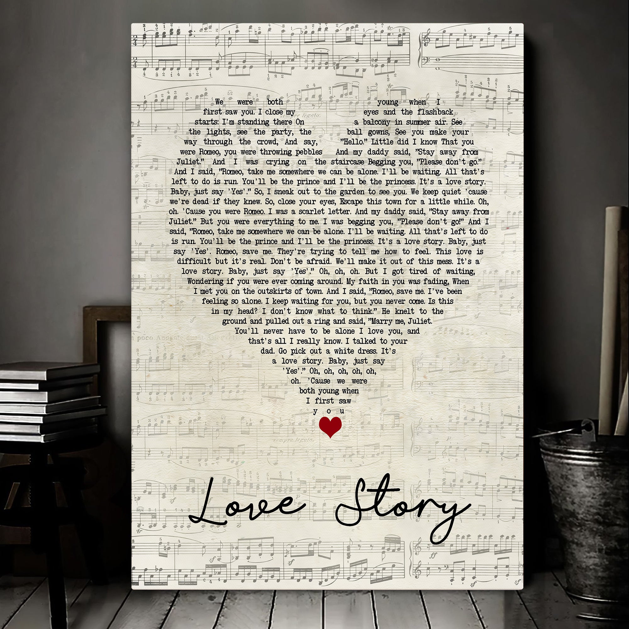 Love Story Script Heart Song Lyric Art Canvas Print