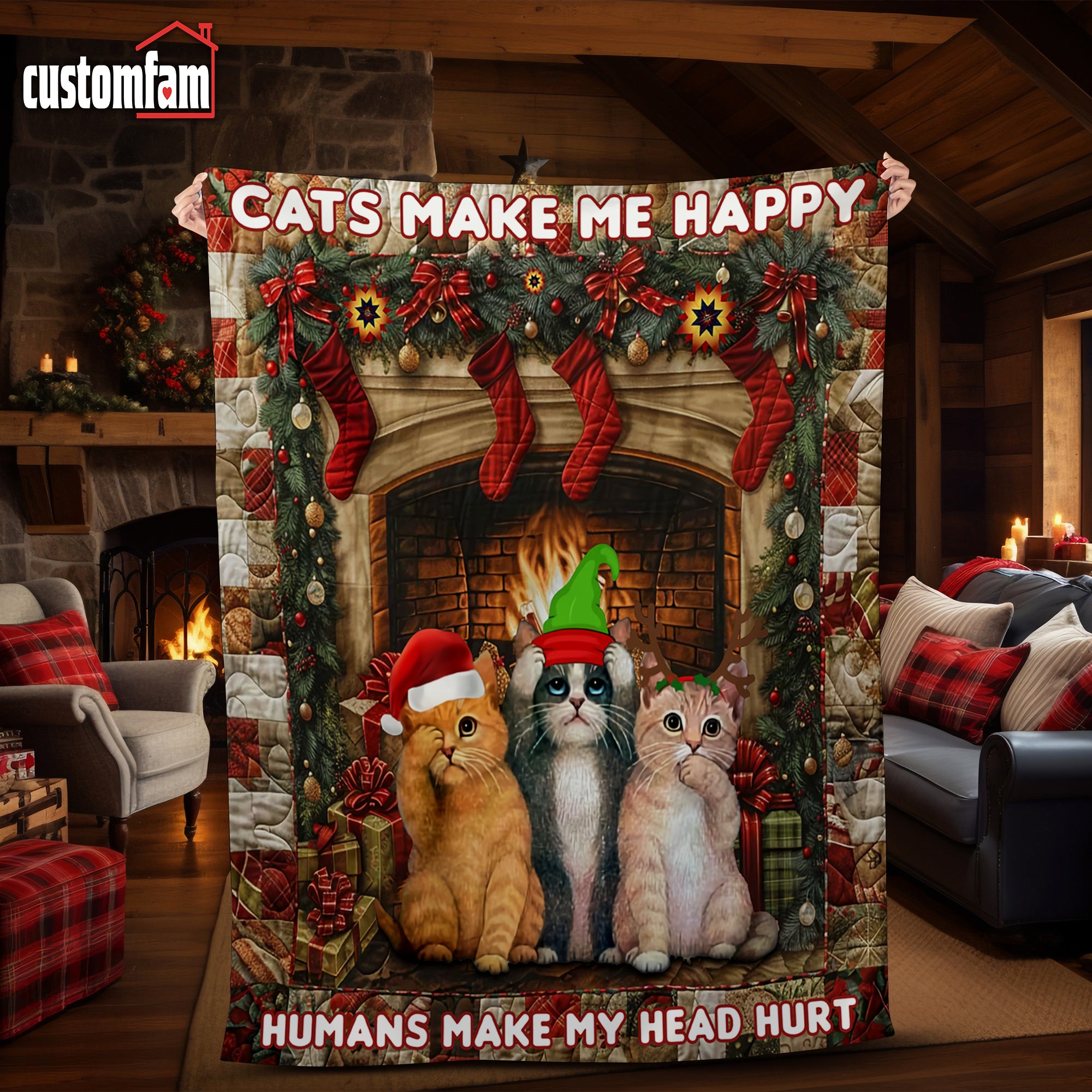 Cat Make Me Happy Humans Make My Head Hurt Christmas Blanket, Gift For Cat Lovers