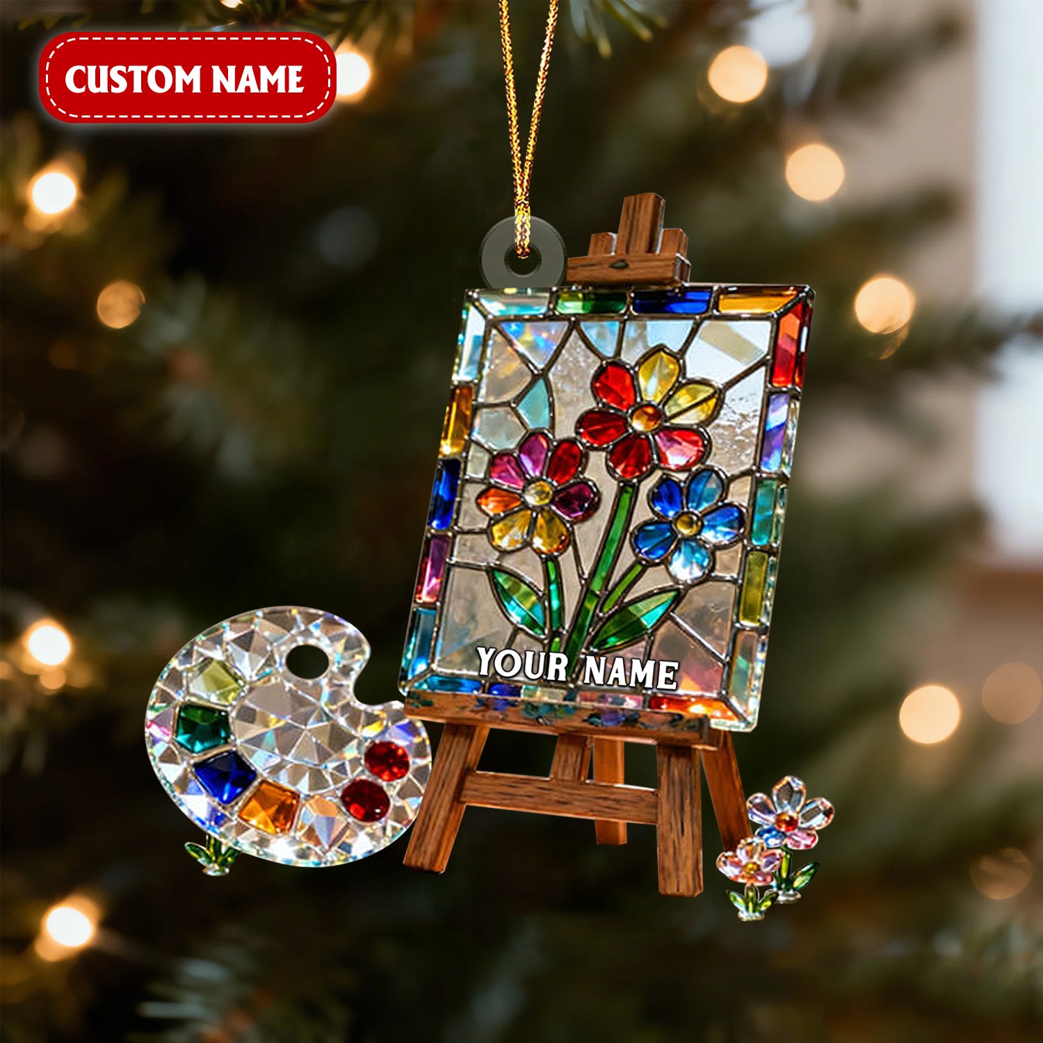 Floral Art Easel Stand Custom Name Stained Glass Effect Acrylic Ornament, Xmas Decor, Artist Christmas Ornament