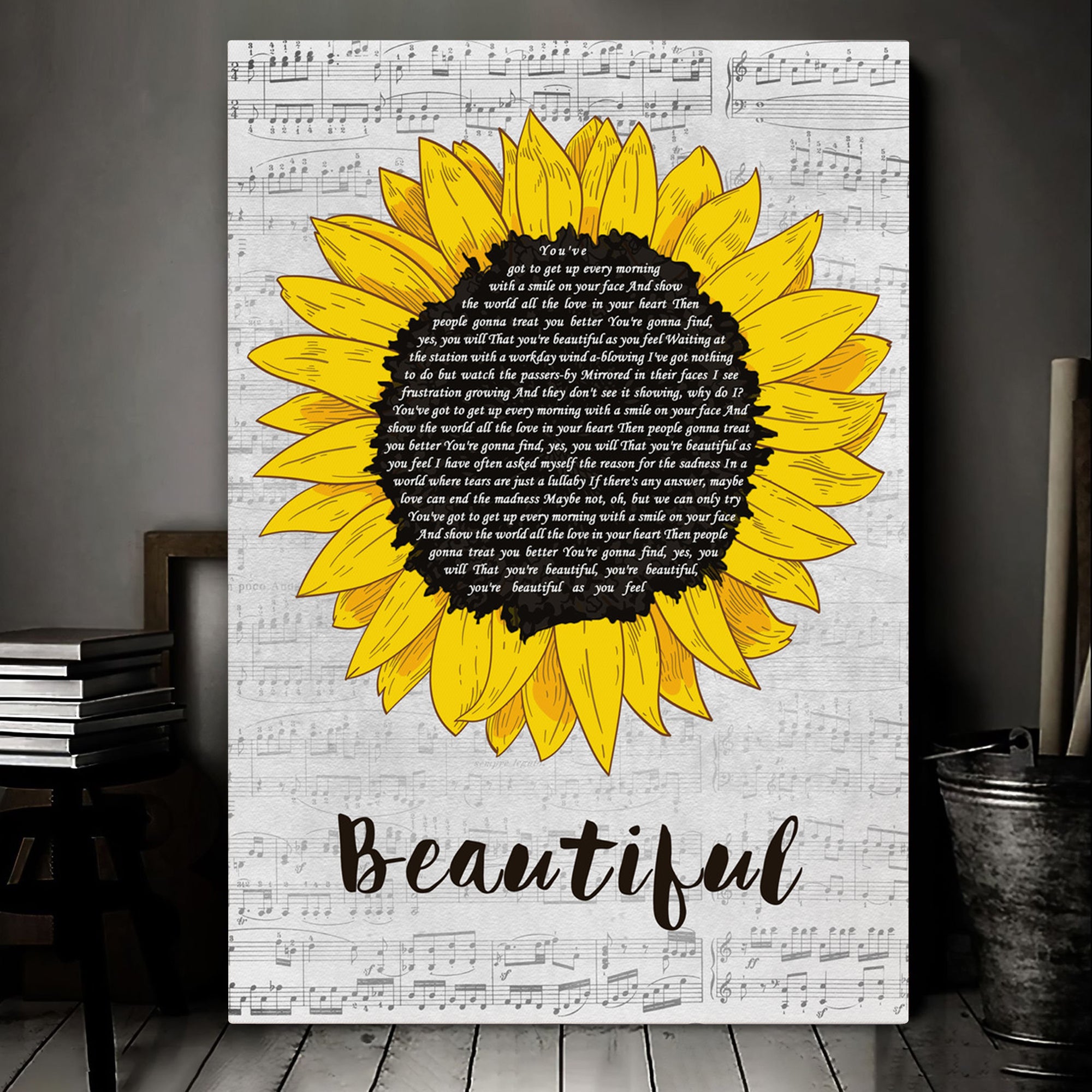 Carole King Beautiful Grey Script Sunflower Song Lyric Art Print Canvas Print Frames