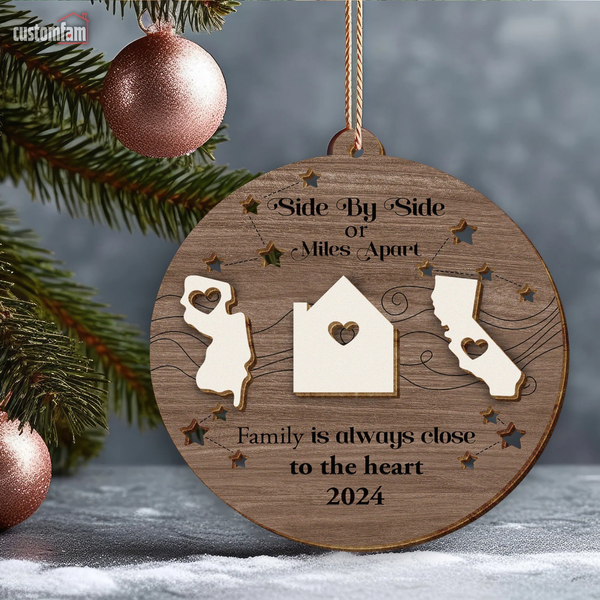 Side By Side Or Miles Apart Personalized Christmas Ornaments, Gift For Family