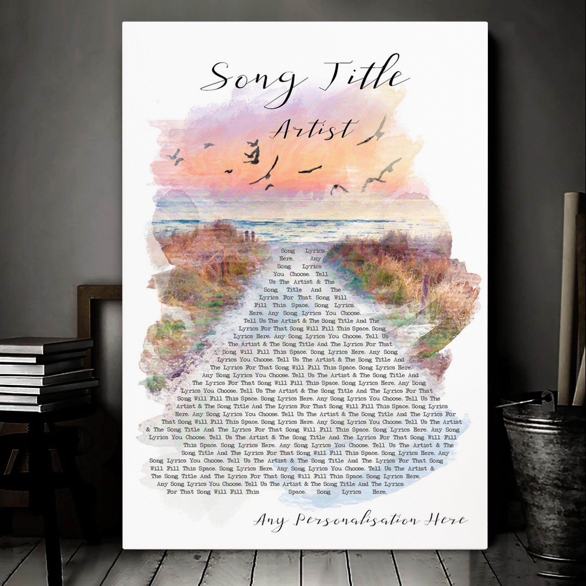 Custom Beach Sunset Birds Memorial Music Wall Art With Song Lyrics, Music Wall Decor