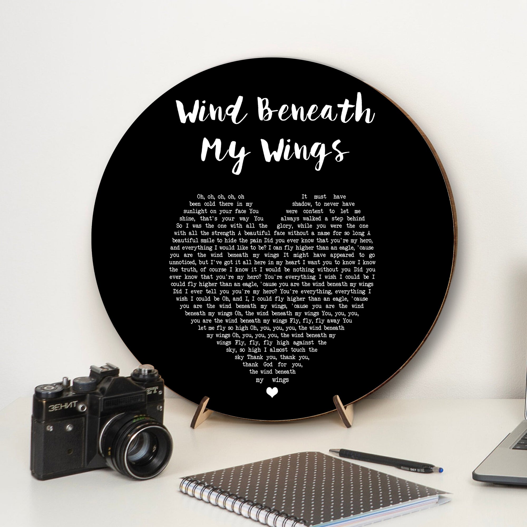 Bette Midler Wind Beneath My Wings Black Heart Song Lyric Round Wood Sign, Wood Signs For Home