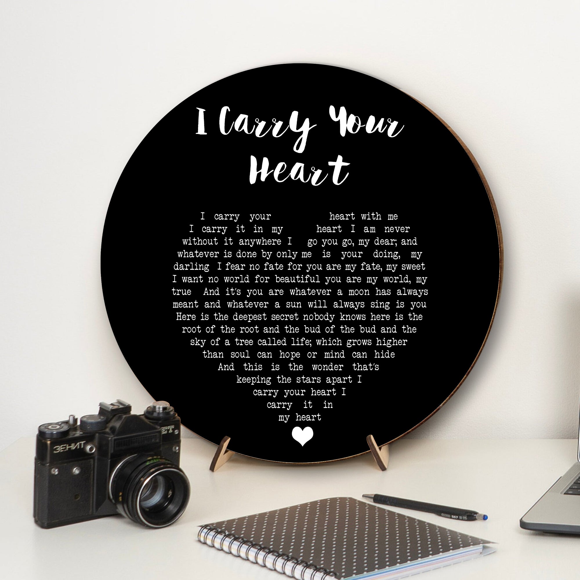 E.E. Cummings I Carry Your Heart Black Heart Song Lyric Art Print Round Wood Sign, Wood Signs For Home