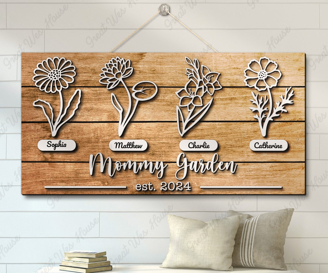 Flower Birth Month Grandma's Garden 2 Layered Wood Sign, Home Decor Sign, Wooden Flower Sign, Mother's Day Gift