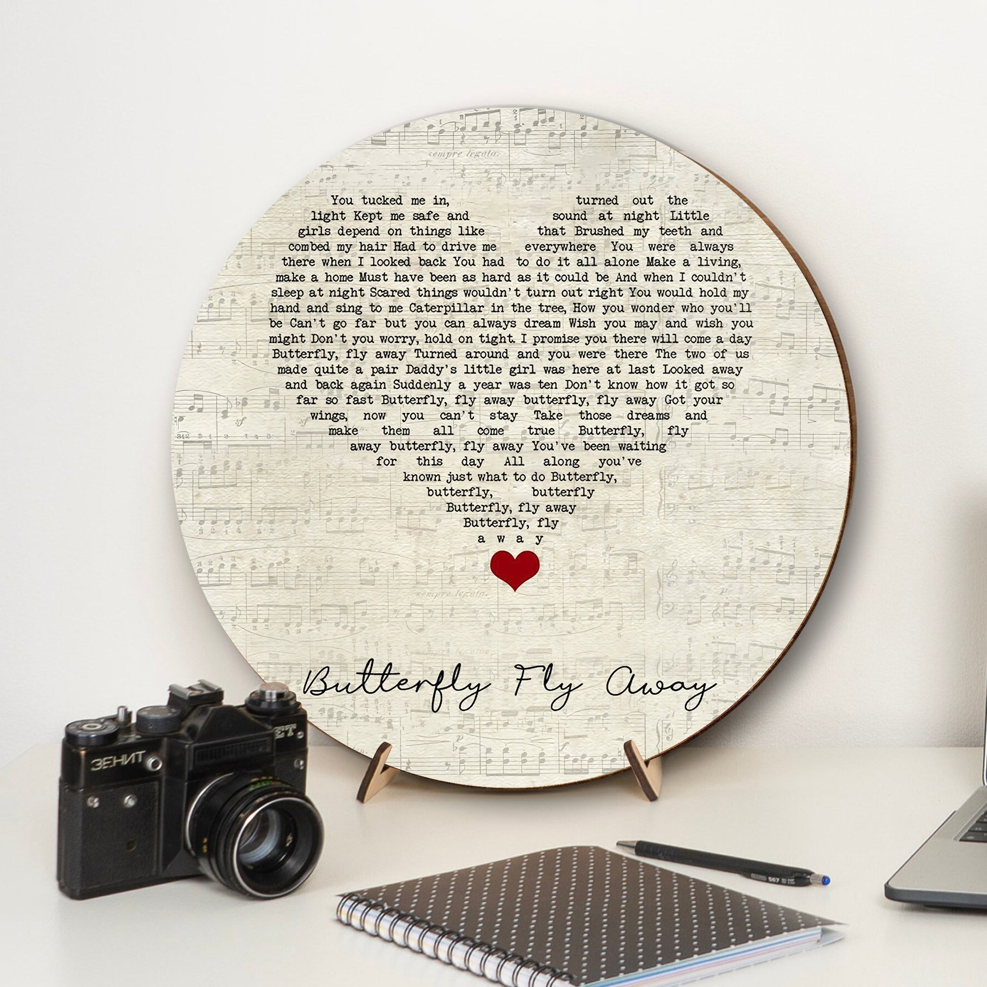 Miley Cyrus Butterfly Fly Away Script Heart Song Lyric Art Print Round Wood Sign, Wood Signs For Home