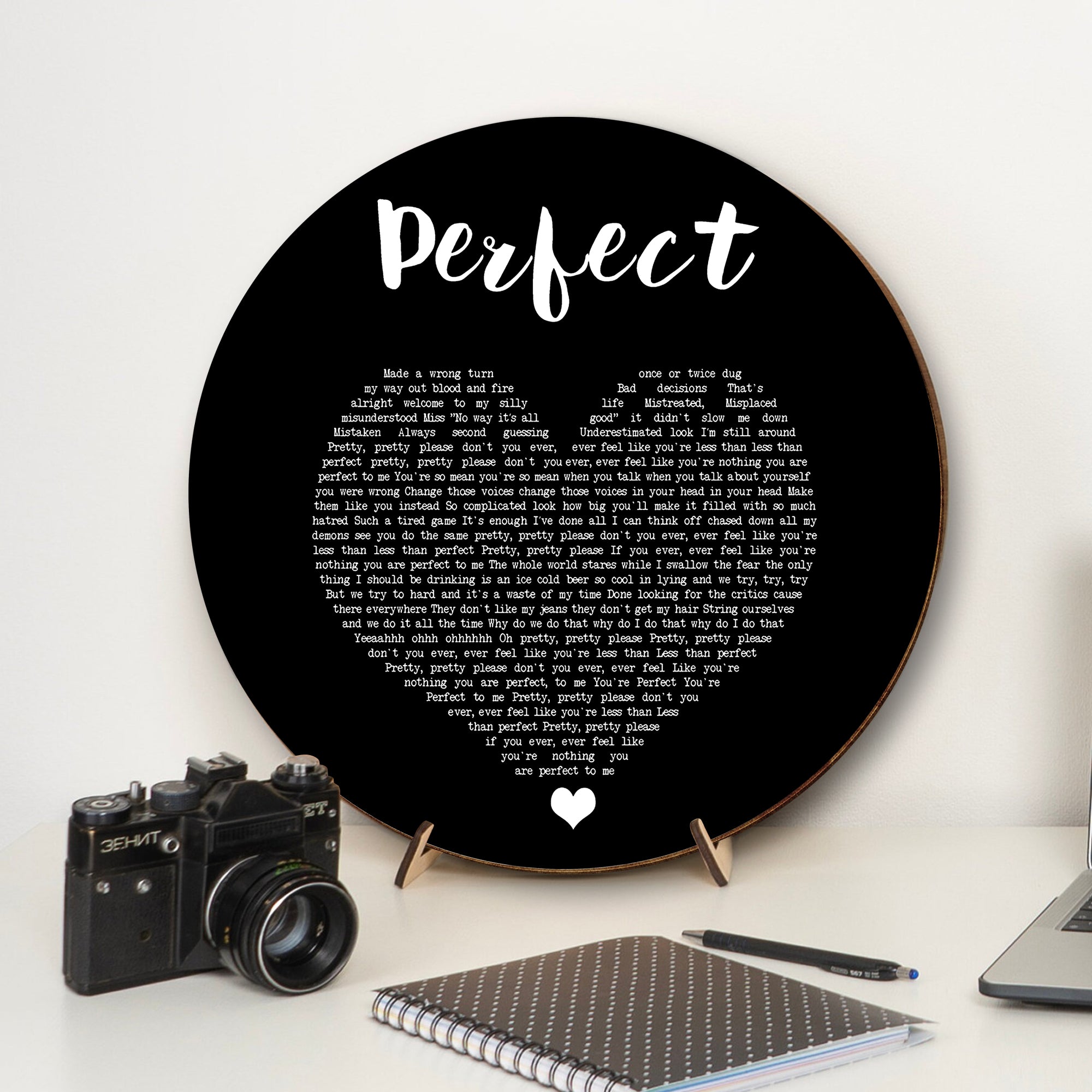 Pink Perfect (Clean Edition) Black Heart Song Lyric Art Print Round Wood Sign, Wood Signs For Home