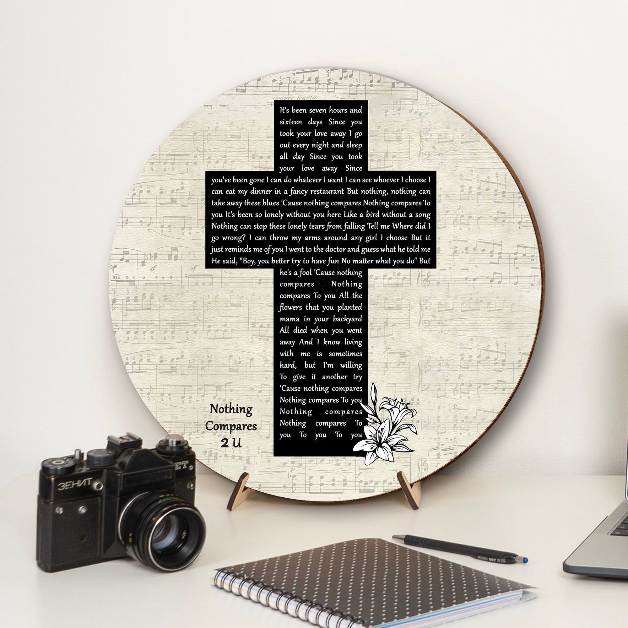 Chris Cornell Nothing Compares 2 U Music Script Christian Memorial Cross Song Lyric Print Round Wood Sign, Wood Sign For Home