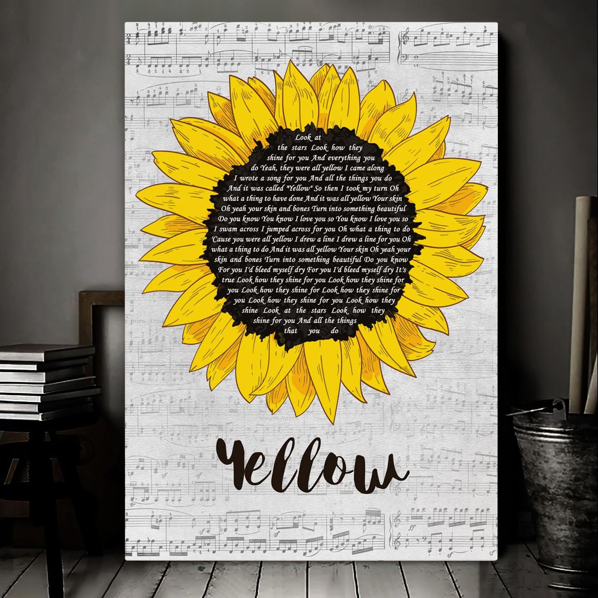 Coldplay Yellow Grey Script Sunflower Song Lyric Print Canvas Print Frames