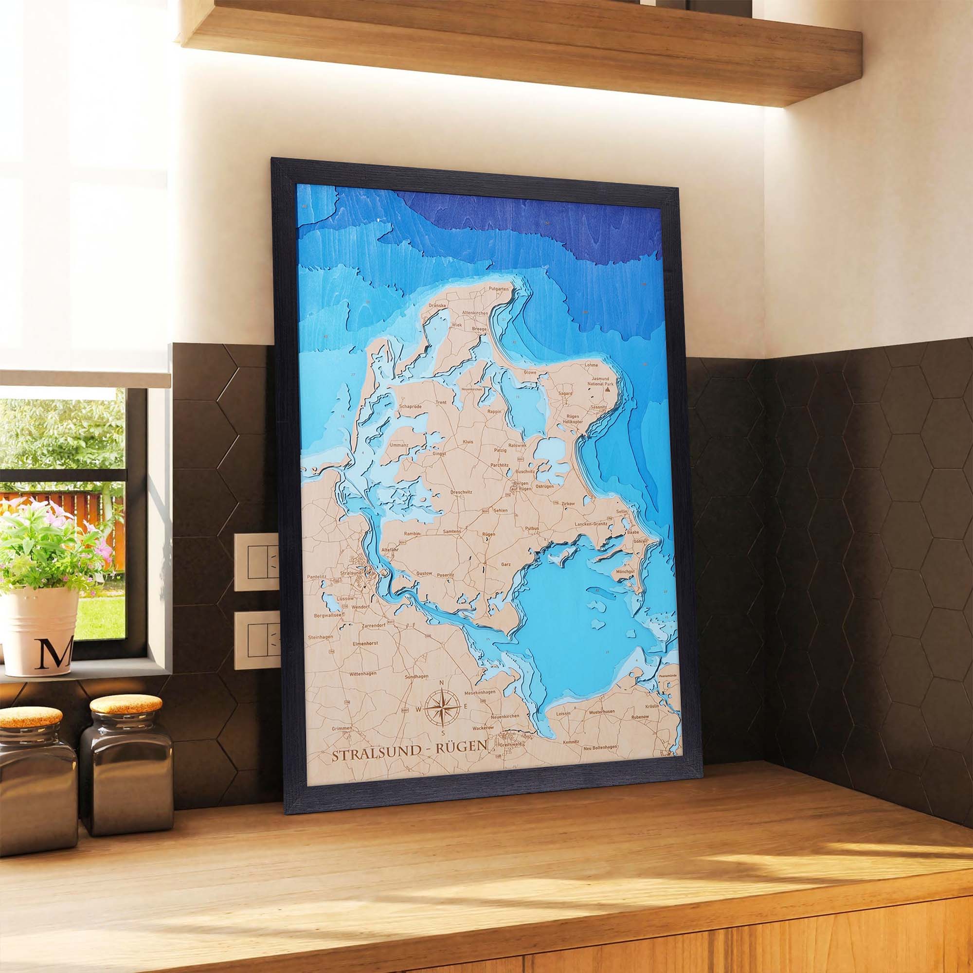 Stralsund & Rügen Personalize Wood Art, Ocean Topographic Map, Ocean Wall Art