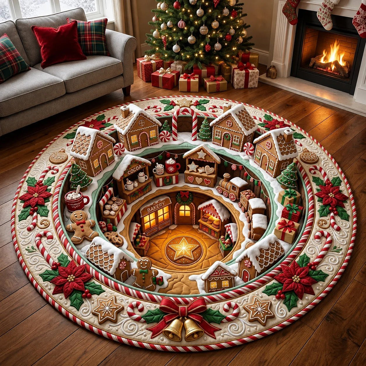 Gingerbread Village 3D Christmas Round Rug
