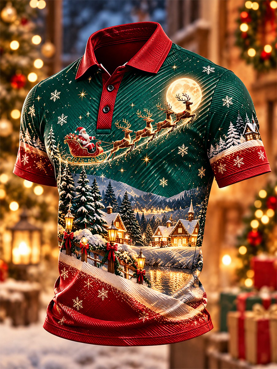 Santa Sleigh Lantern Village Christmas Polo Shirt for Men