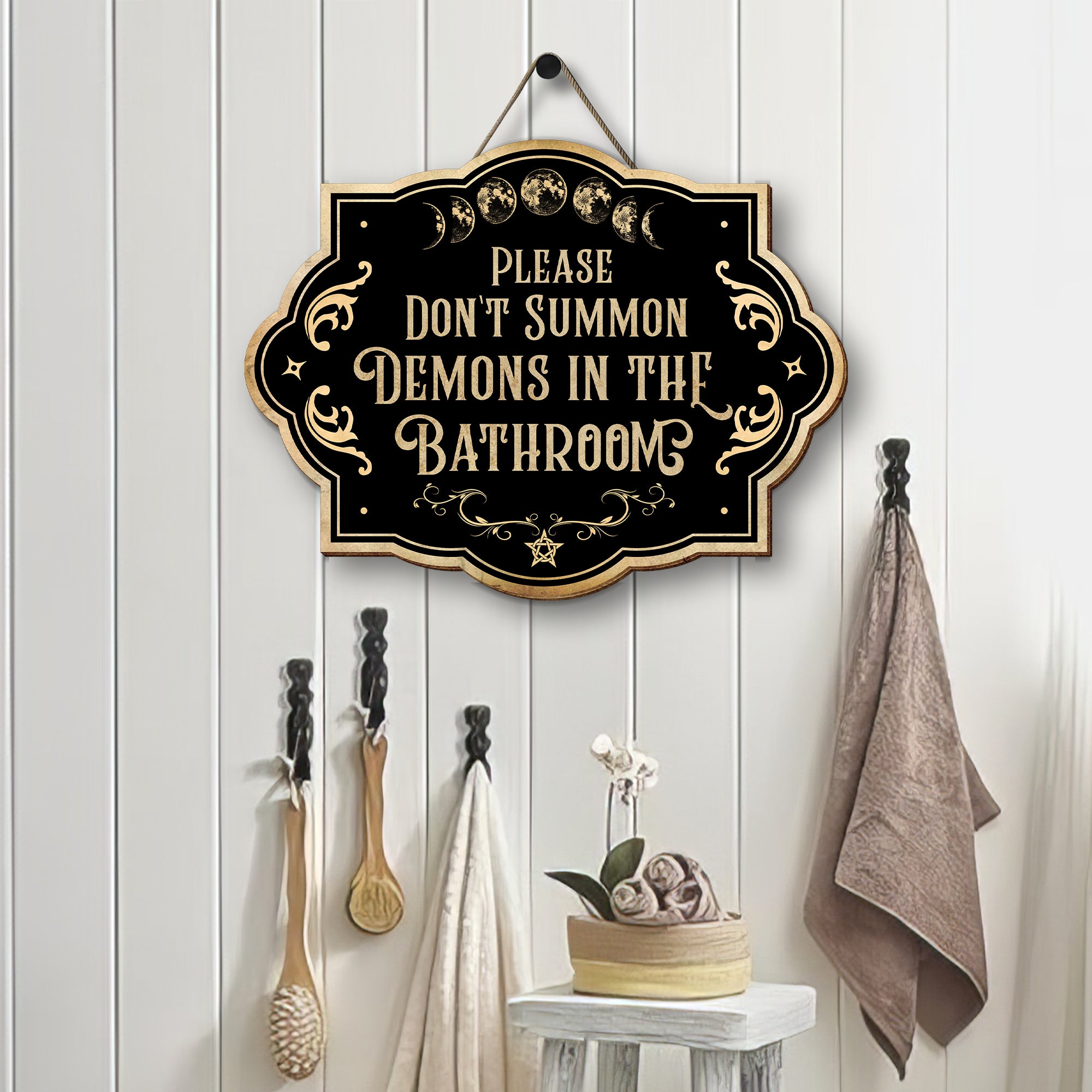 Please Don't Summon Demons In The Bathroom Witch Halloween Wood Sign, Halloween Decor