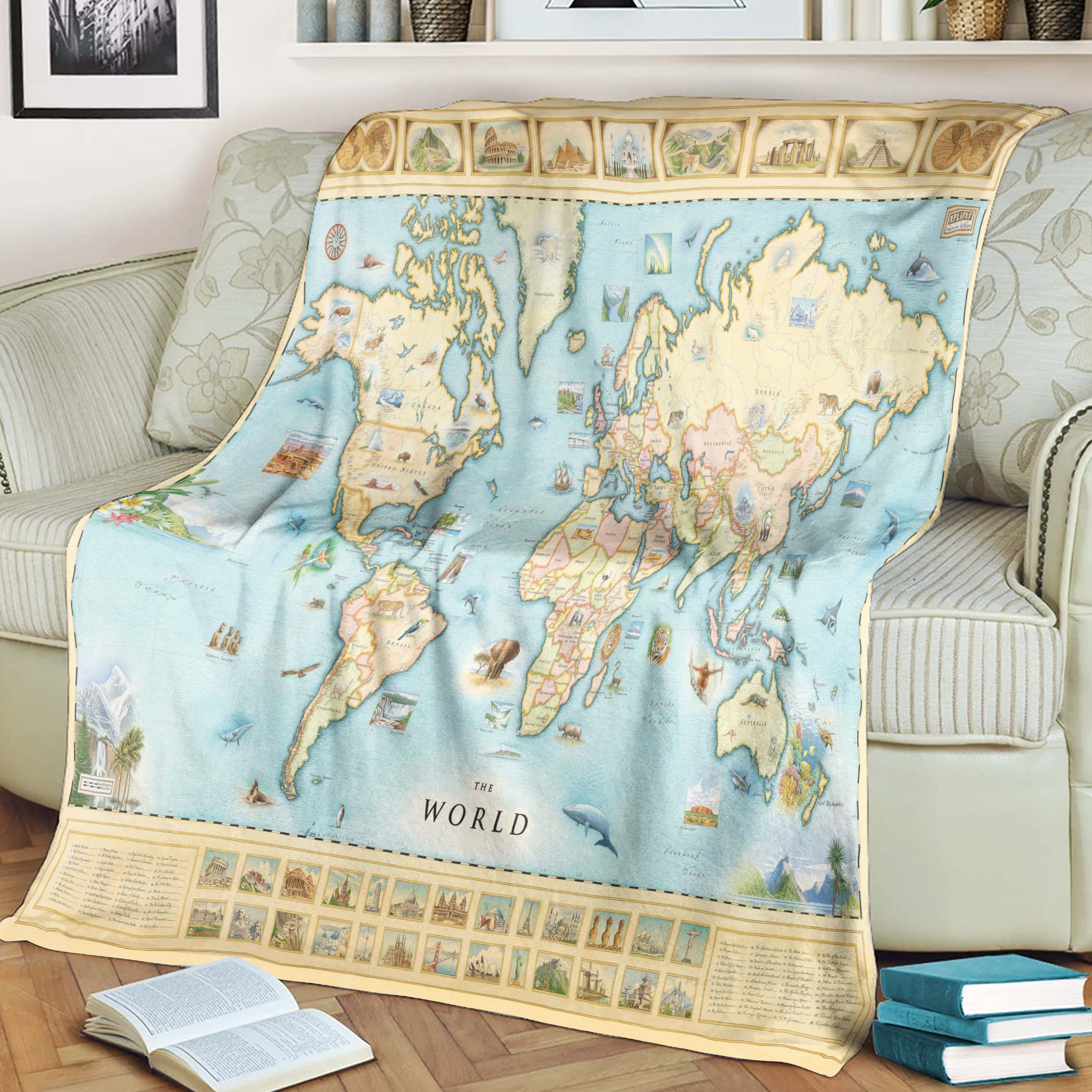 World Map Blanket, Gift For Travelers, Outdoor Gift