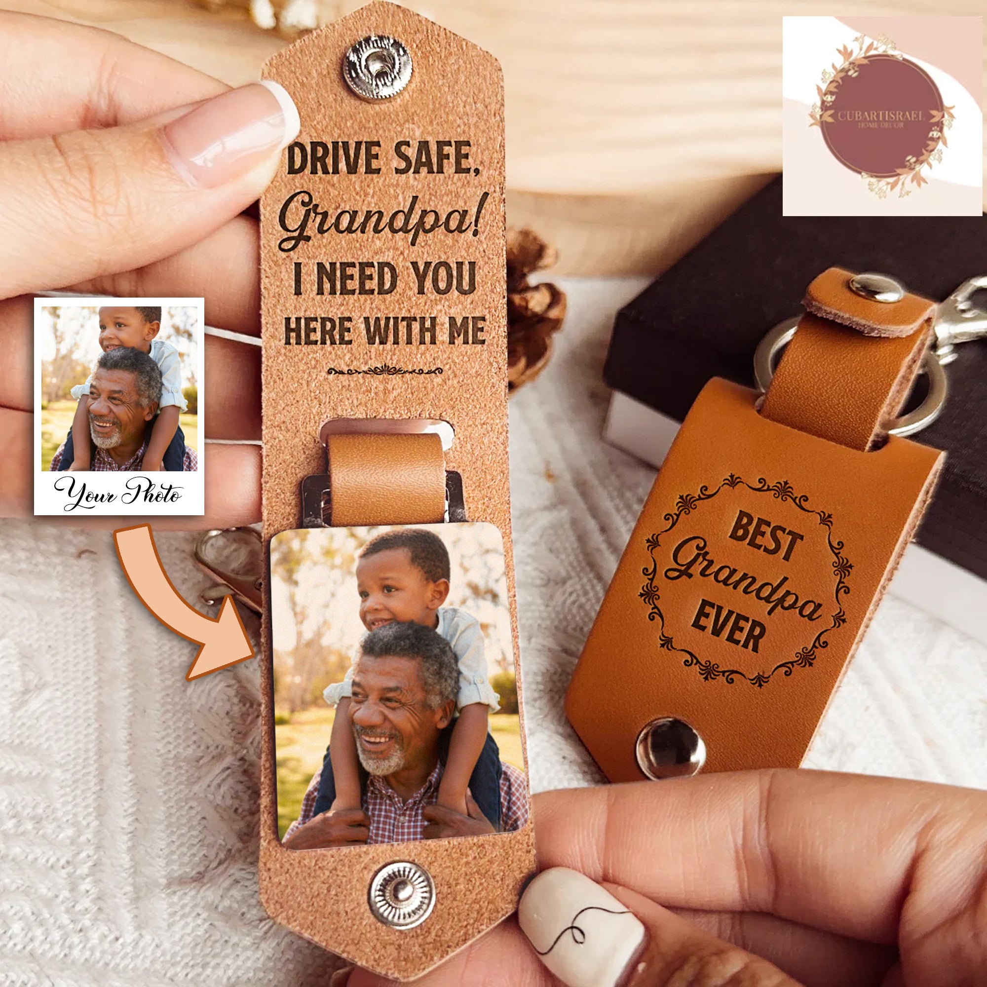 Best Grandpa Ever Personalized Photo Leather Keychain, Gift for Dad