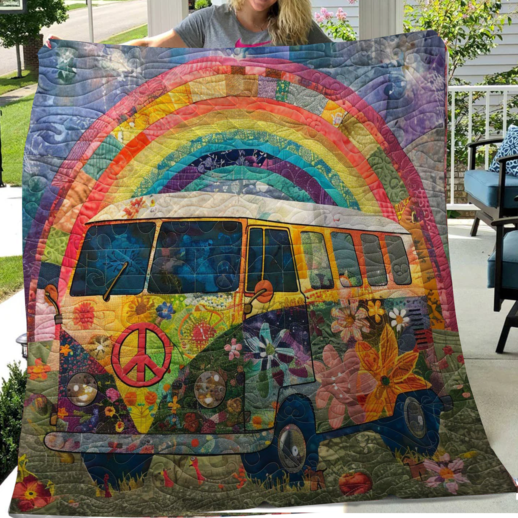 Rainbow Campervan Blanket, Gift For Travelers, Outdoor Gifts, Bedroom Decor