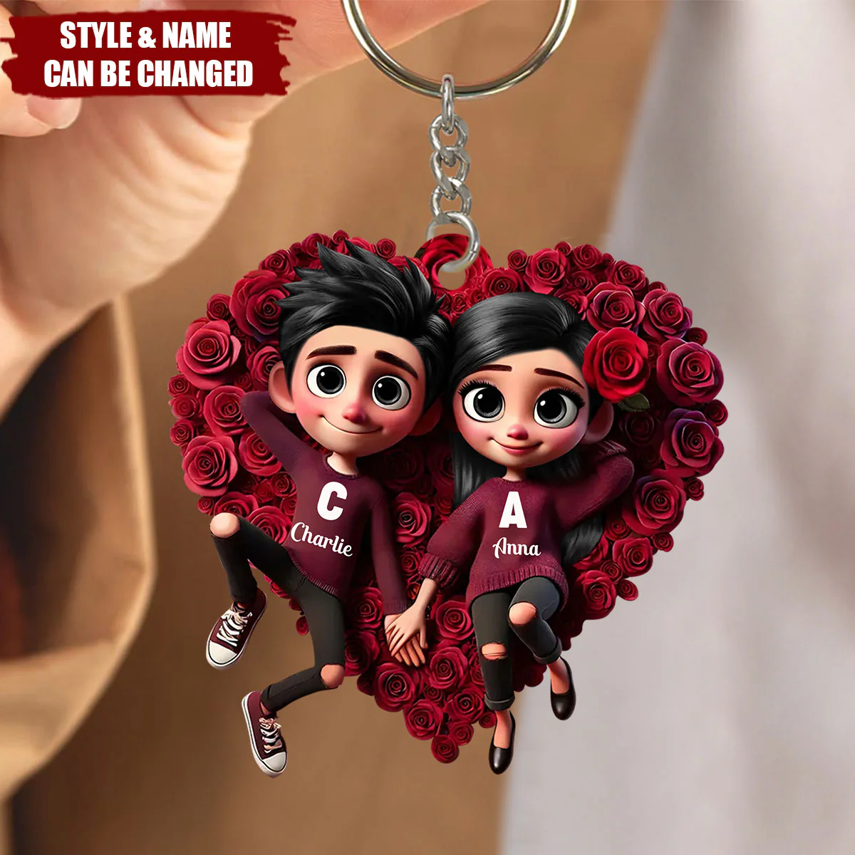 Couple Lying On Heat Roses Acrylic Ornament, Keychain For Couple, Cute Couple Keychain, Couple Valentine Gift