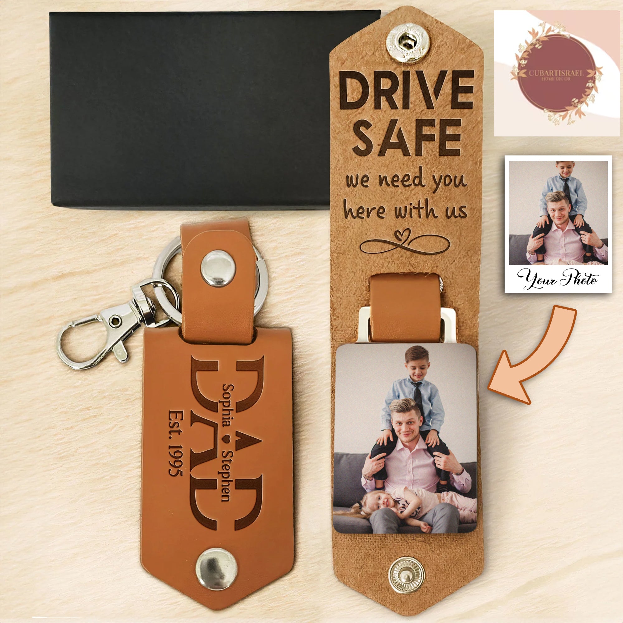 Drive Safe Personalized Photo Leather Keychain, Gift for Dad