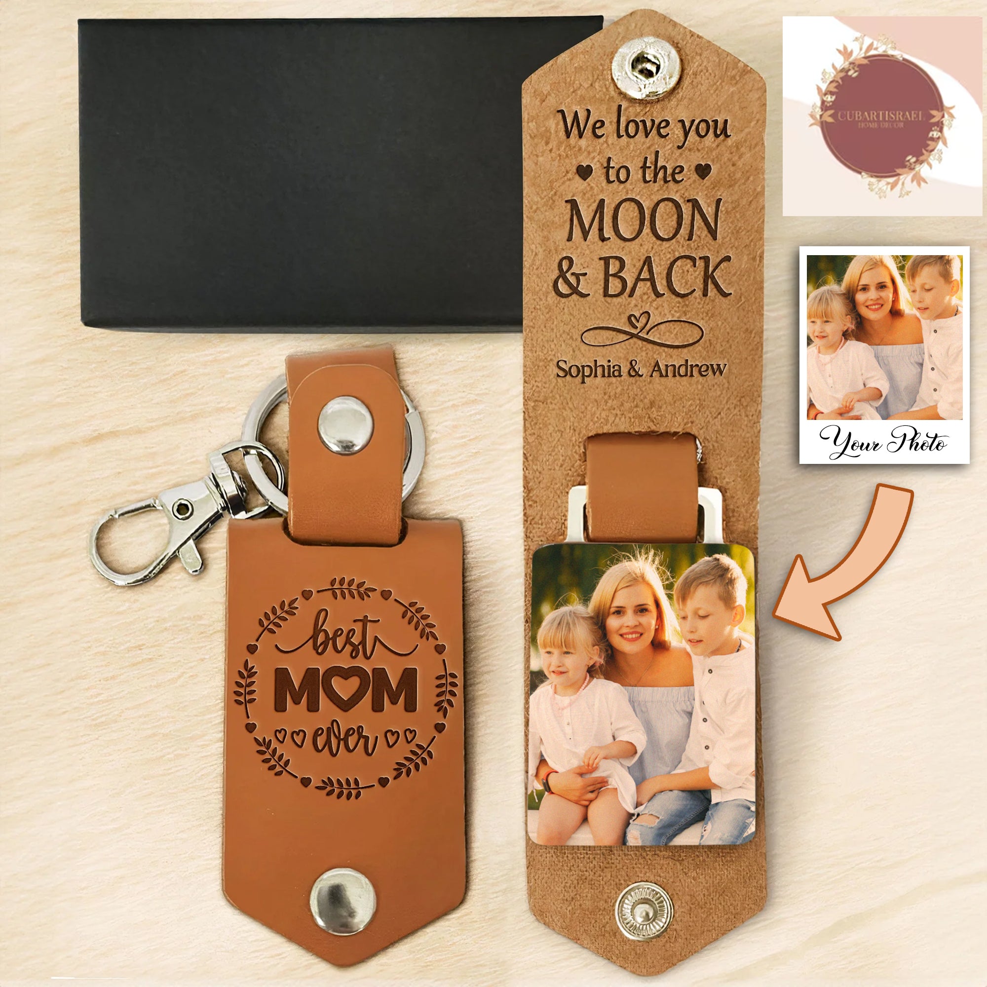 We Love You To The Moon And Back Personalized Photo Leather Keychain, Gift for Mom