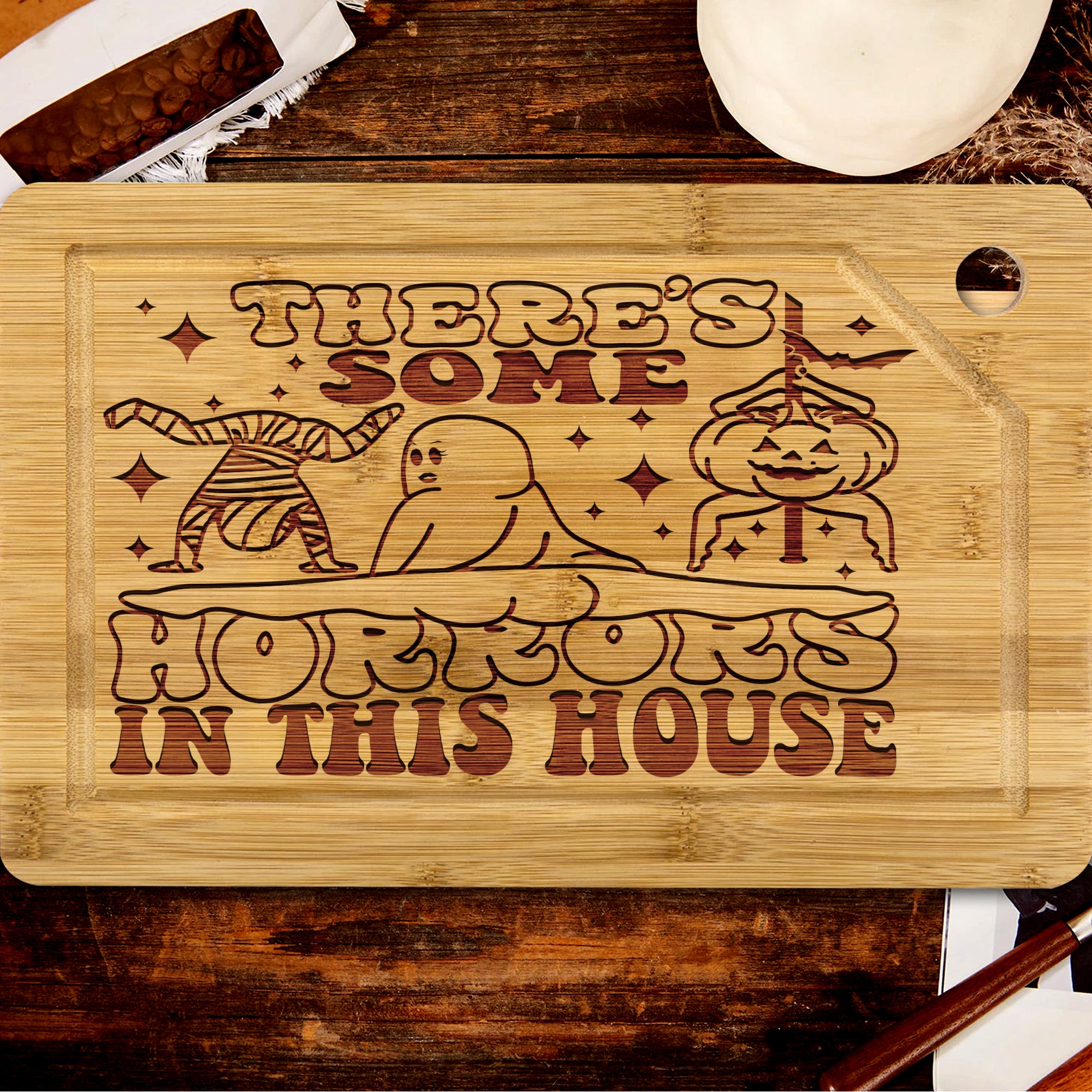 There's Some Horror In This House Funny Halloween Engraved Wooden Cutting Board, Halloween Decor