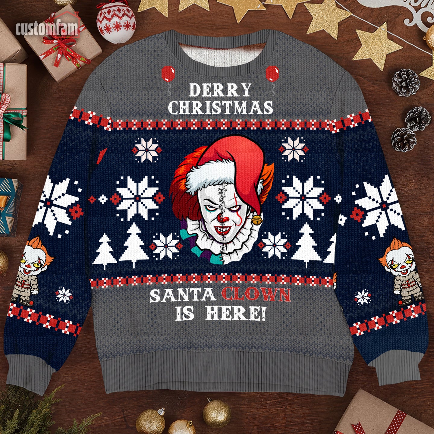 Derry Christmas Santa Clown Is Here Christmas Ugly Sweater, Horror Movie Gifts