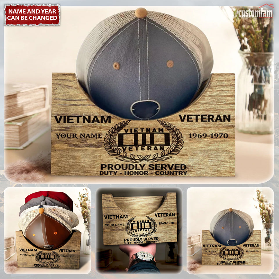 Personalized Vietnam Veteran Wooden Hat Holder, Proudly Served Military Veteran Cap Organizer