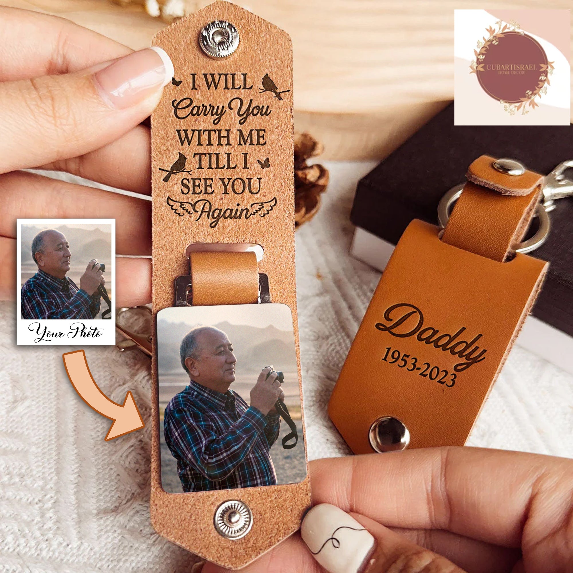 I Will Carry You With Me Personalized Photo Leather Keychain, Memorial Keychain, Gift for Dad