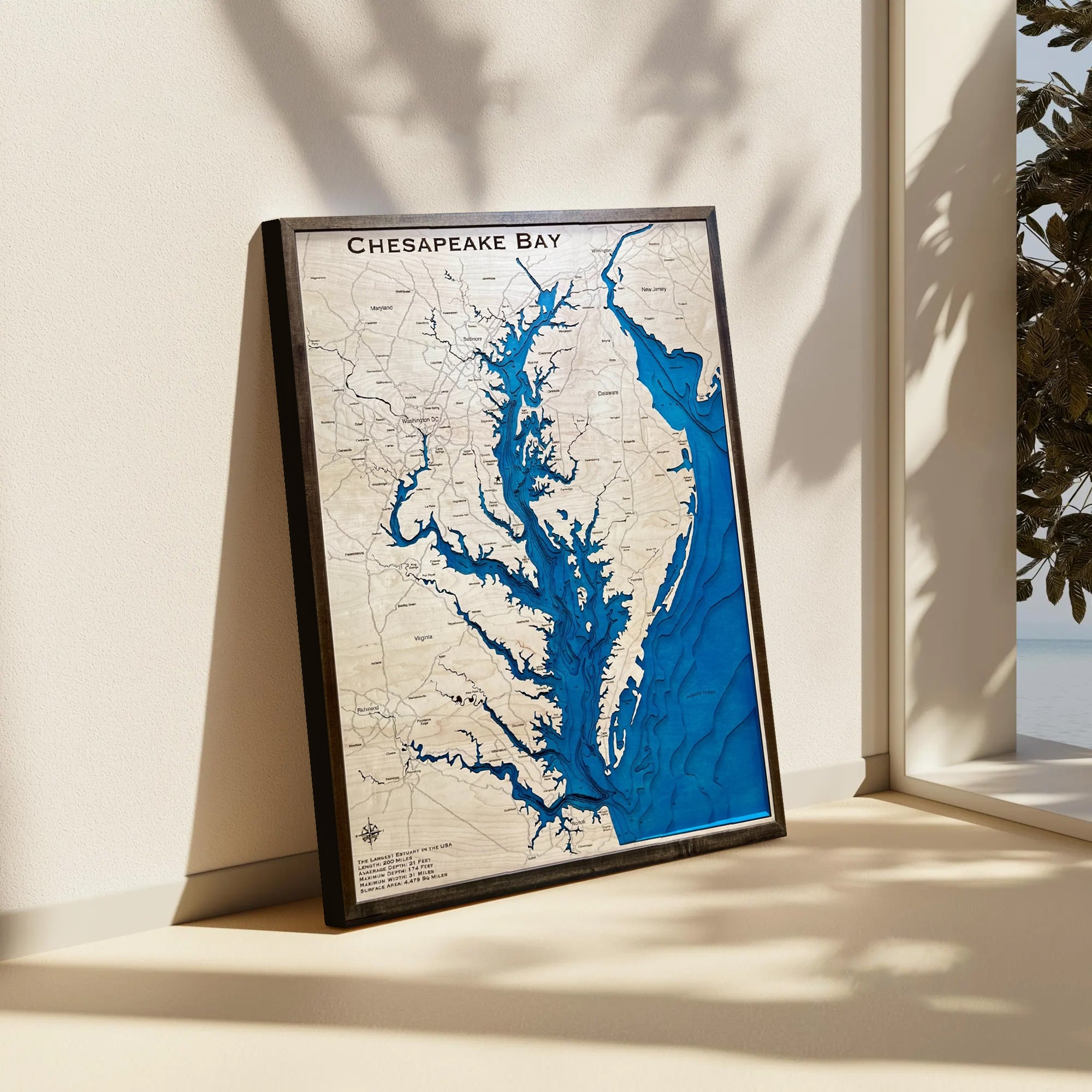 Chespeake Bay Customize Wood Art, Topographic Ocean Map, Ocean Art Work