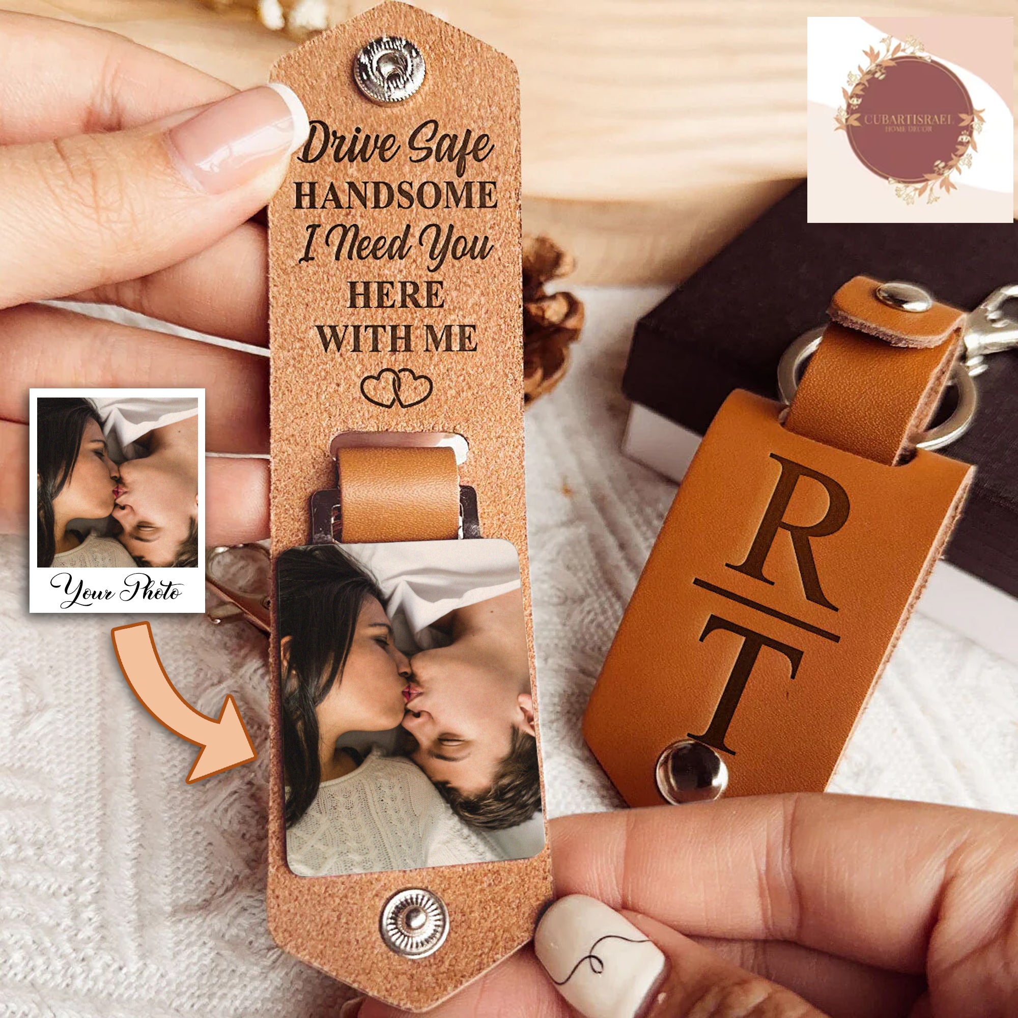 Drive Safe Handsome Personalized Photo Leather Keychain, Gift for Couple