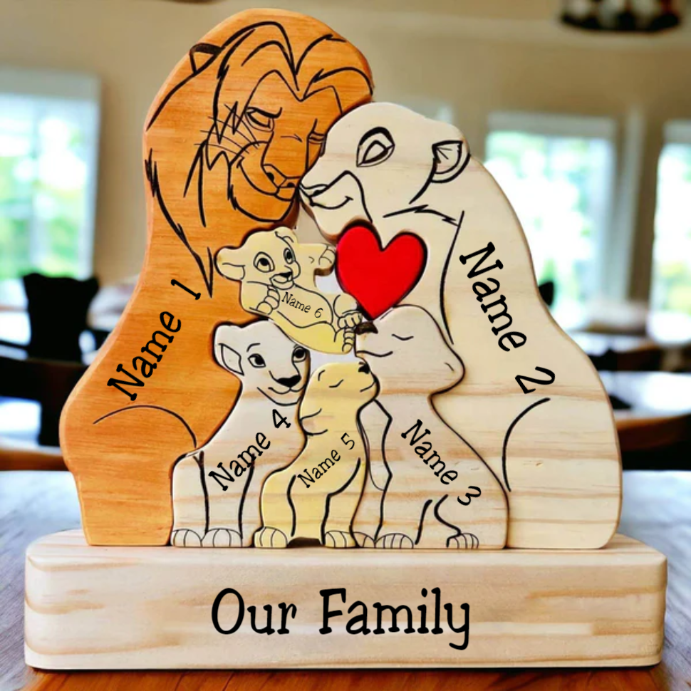 Family Lions 6 Members Custom Engraved Wooden Puzzle, Family Gifts