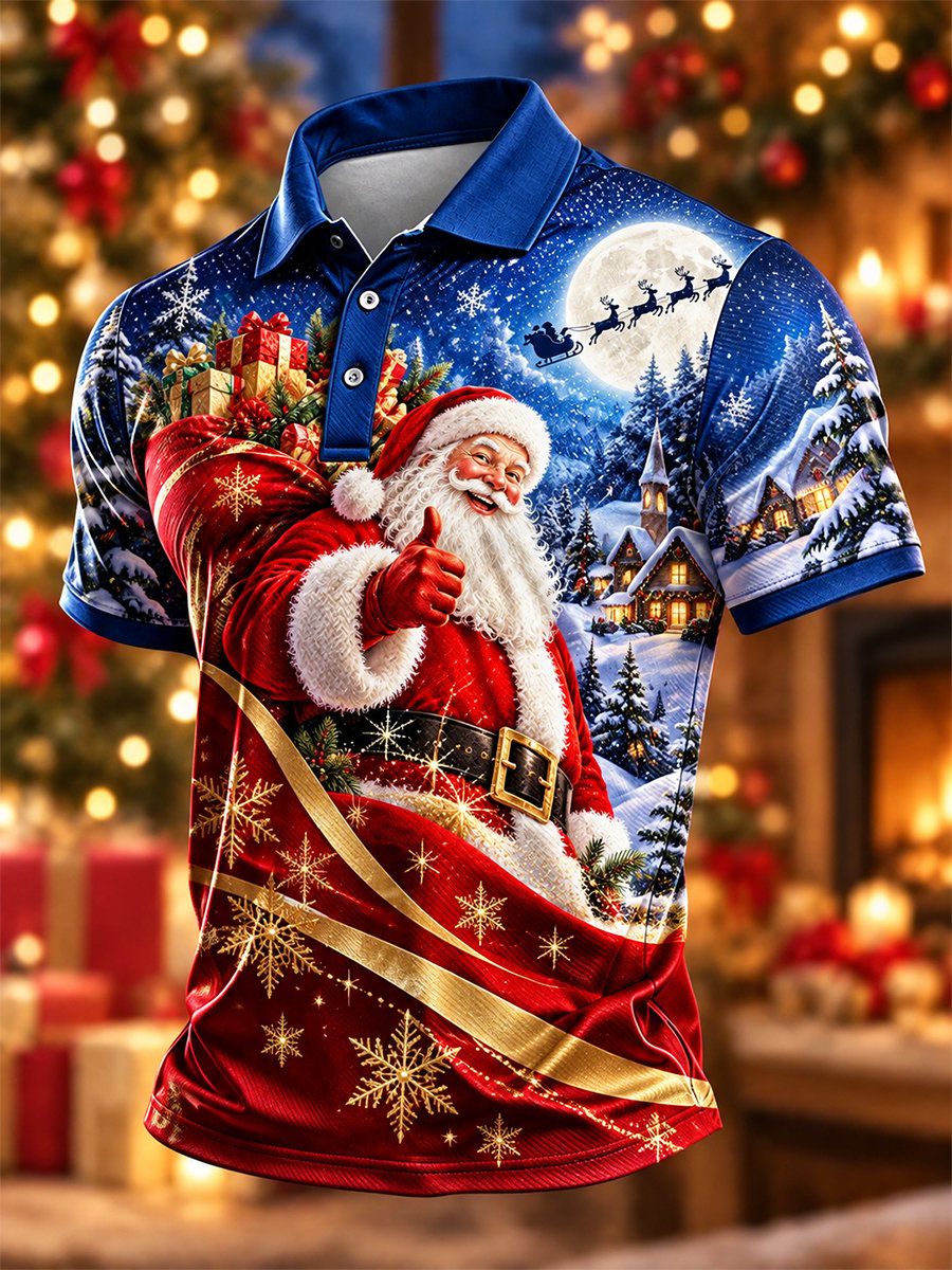 Thumbs Up Santa Moonlight Village Christmas Polo Shirt for Men