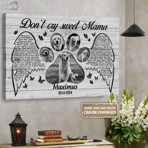 Personalized Pet Paw Photo Canvas prints, Dog Mom Gift Don't Cry Sweet Mama Pet Memorial Custom Canvas Wall Art Memorial Gift, Gifts for Dog lovers 1