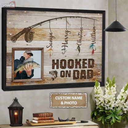 Hooked On Dad Personalized Photo Canvas Wall Art, Memorial Gift For Dad, Fishing Gift, Father's Day Gift