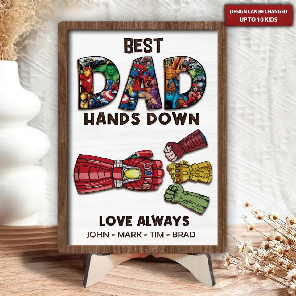 Best Dad Hands Down Personalized Wooden Sign, Custom Hero Character Dad And Kid Hands Frame, Gifts For Dad, Father's Day Gift