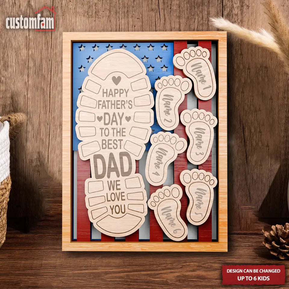 Happy Father's Day To The Best Dad We Love You Personalized 2 Layered Wooden Sign, Custom Footprints Frame Gift, Father's Day Gift, Gifts For Dad