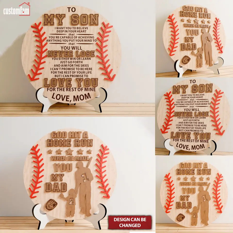 To My Son Personalized 2 Layered Wooden Sign, Father’s Day Baseball Sign, Gifts For Dad