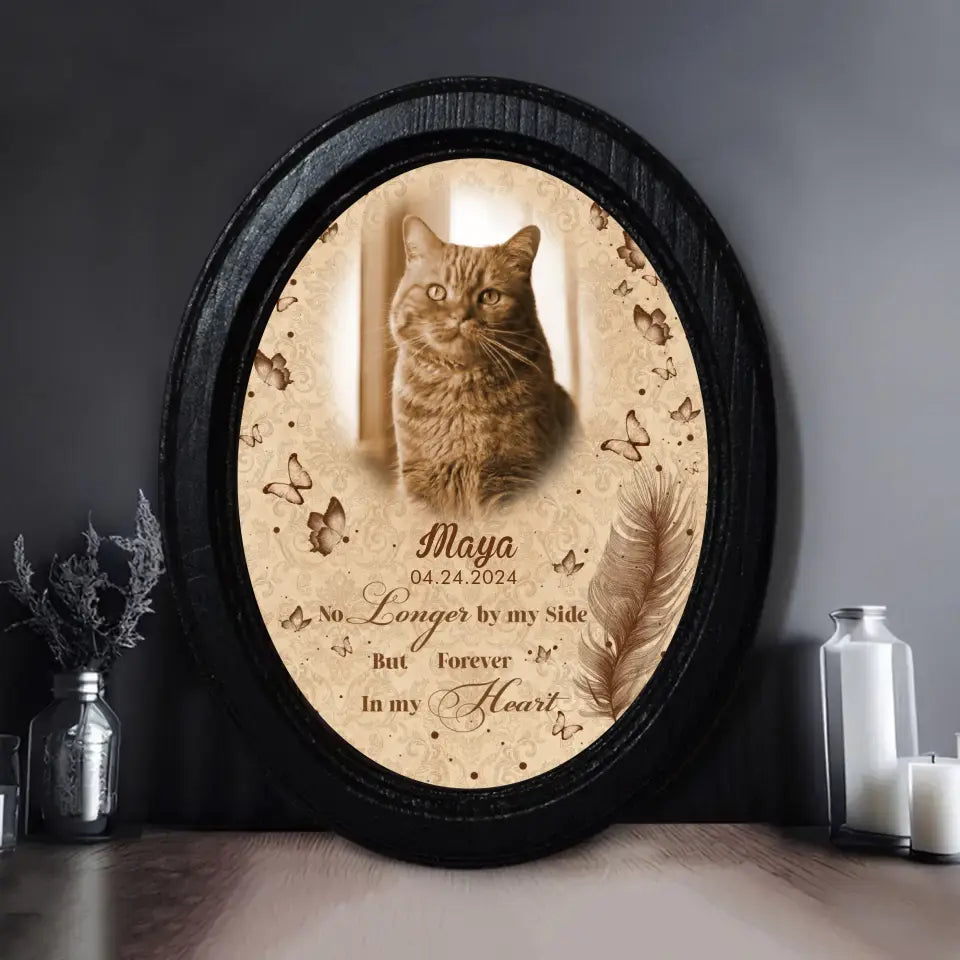 No Longer By My Side Personalized Photo Oval Picture Frame Pretty, Memorial Wooden Sign, Cat Gift, Pet Loss Gift