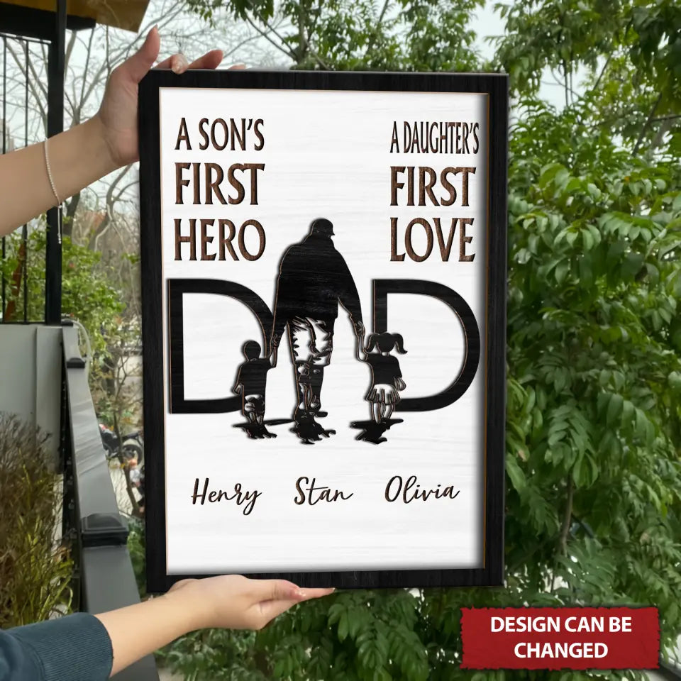 A Son's First Hero Personalized Dad Wood Sign, Custom Dad 2 Layered Sign With Kid Names, Gifts For Dad