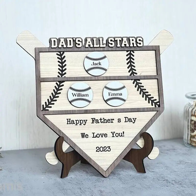 Dad All Stars Personalized Father's Day Baseball 2 Layered Wooden Sign, Gifts For Dad