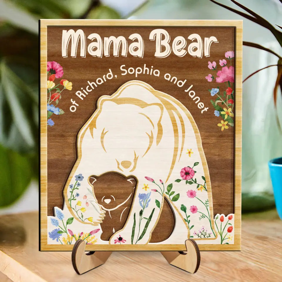 Mama Bear Protects Baby Personalized 2-Layered Wooden Plaque With Stand, Gift For Mom