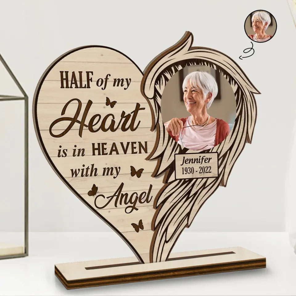 Half Of My Heart Is In Heaven Personalized Photo Shaped 2-Layered Wooden Plaque