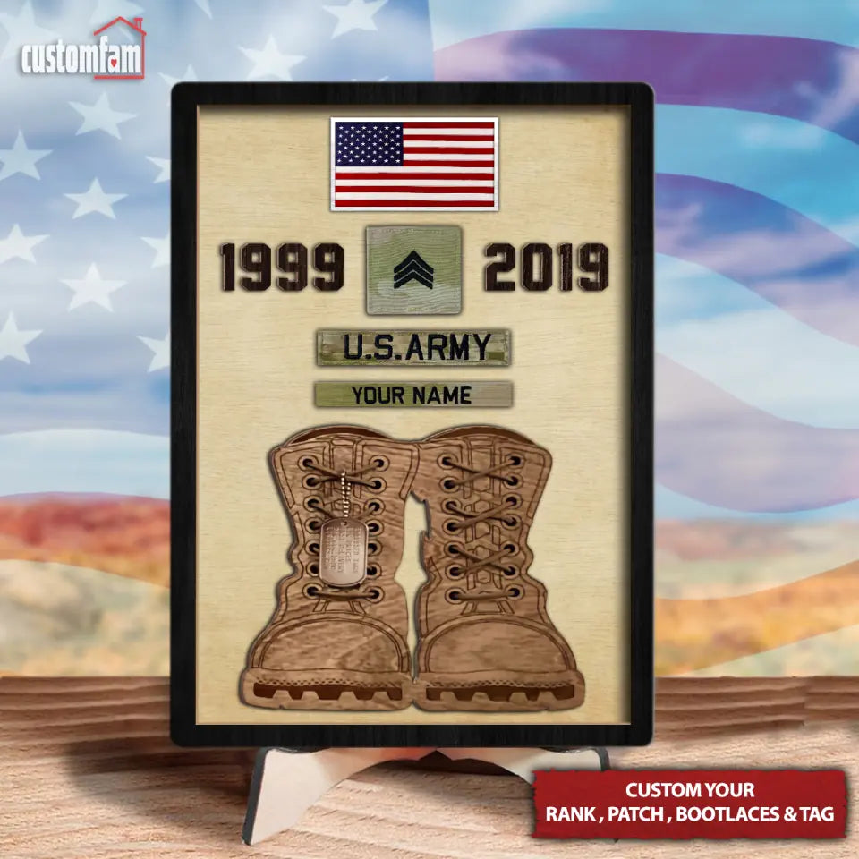 Personalized Military Tribute with Bootlaces and Tags Wooden Sign, Add-Your-Own Rank and Patches Veteran Service Plaque