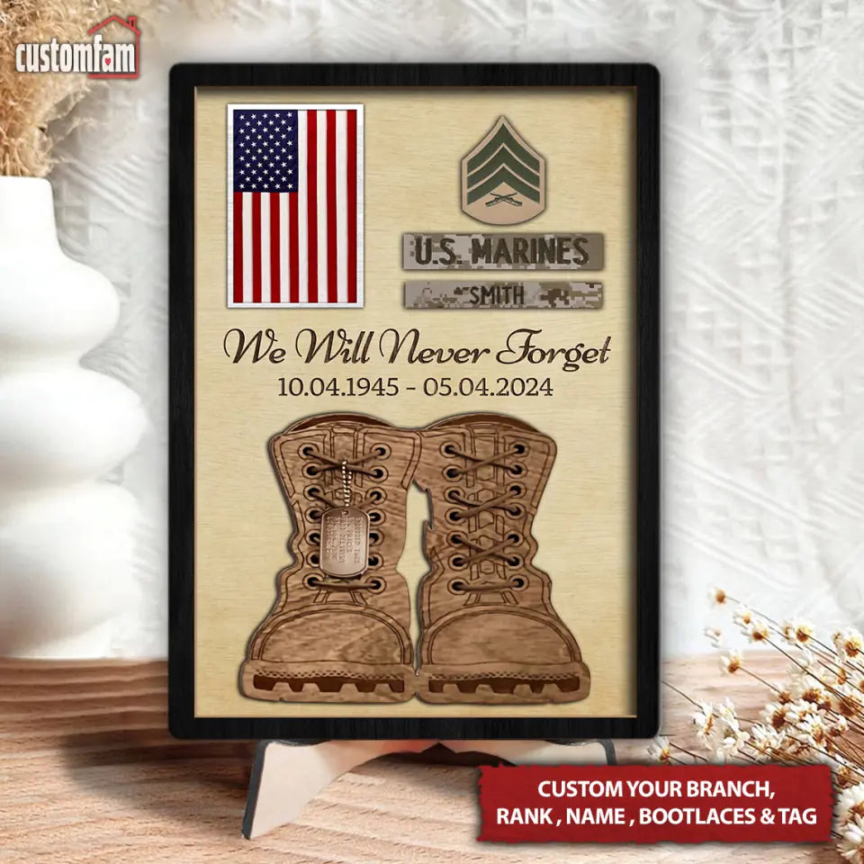 We Will Never Forget Custom Tribute with Bootlaces & Tag Wooden Sign, Add-Your-Own Rank and Patches Veteran Service Plaque