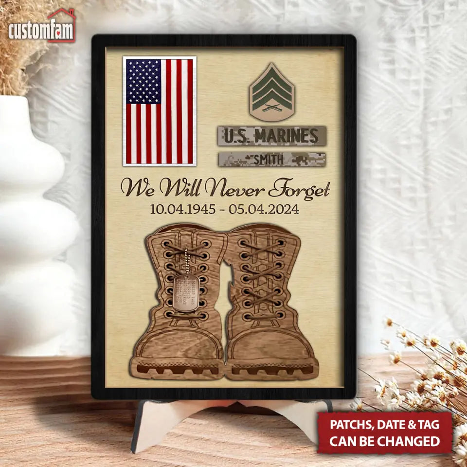 We Will Never Forget Custom Tribute with Bootlaces & Tag Memorial Wooden Sign, Veteran Gifts