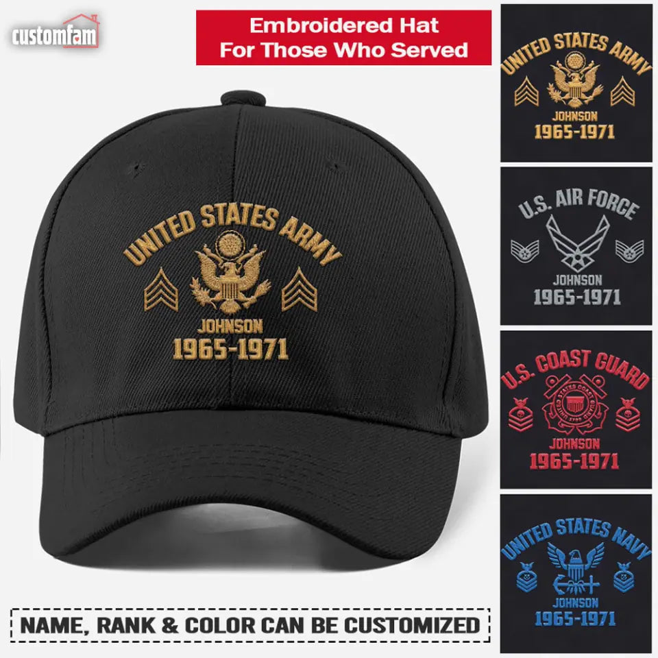 Personalized U.S. Military Ranks Baseball Cap, Embroidered U.S. Veteran Classic Hats, Veteran Gift