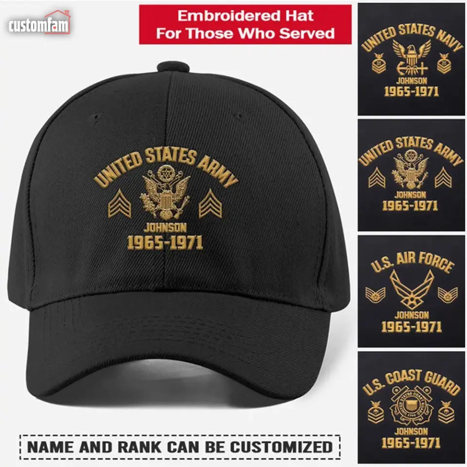 Personalized Embroidered U.S. Military Ranks Baseball Cap, Veteran Gift