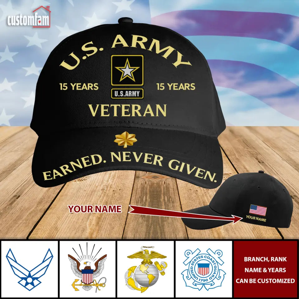 Earned Never Given Personalized US Veterans Cap, Veteran Retired Ball Caps