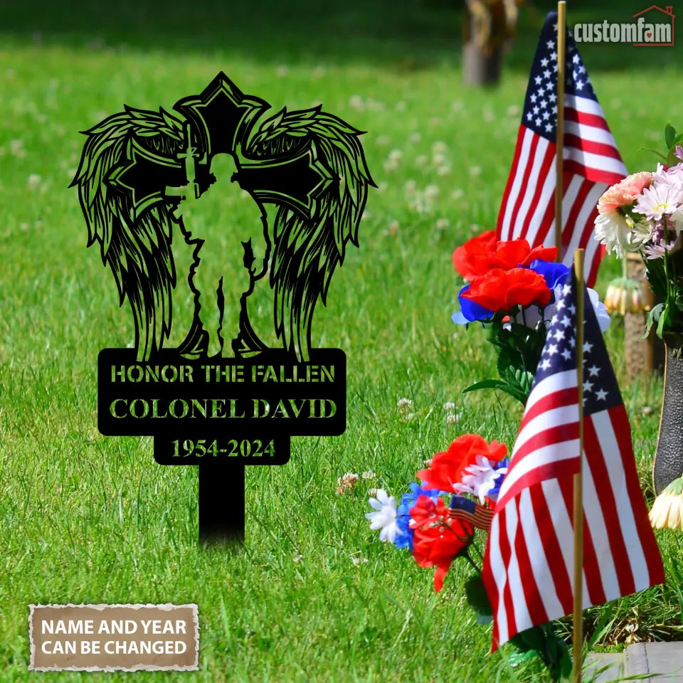 Honor The Fallen Personalized Soldier Cross Metal Sign, Memorial Soldier Veteran Stake