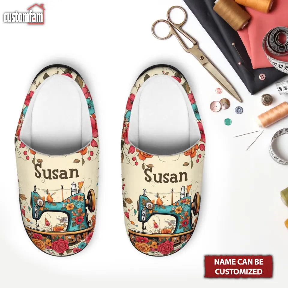 Personalized Sewing Machine Fluffy Slippers, Gift For Mom