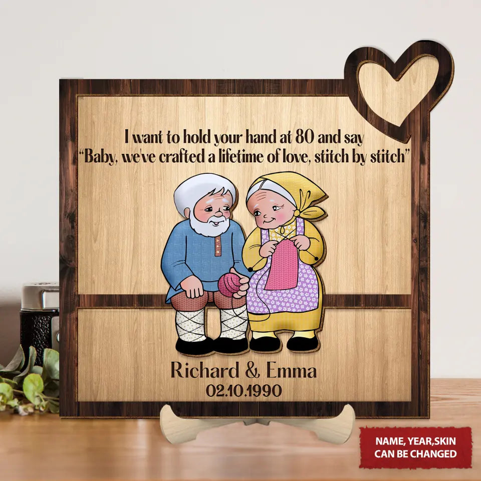 I Want To Hold Your Hand At 80 Frame Wooden Sign, 2 Layered Wooden Knitting Art, Couple Gifts